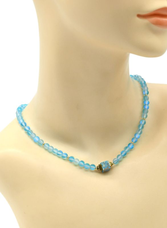 Choker with opal synthetic ball 6mm blue color, 44cm