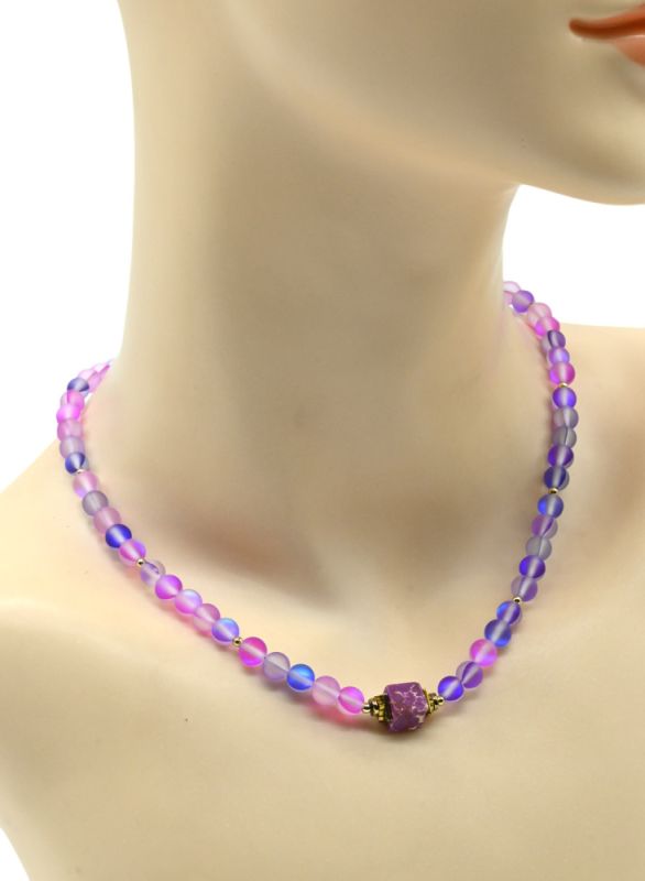 Choker with synthetic opal ball 6mm purple color, 43cm