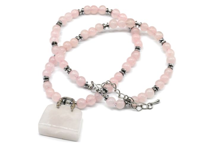 Choker with Pendant Handbag 25*27mm Rose quartz ball 6mm, 43cm