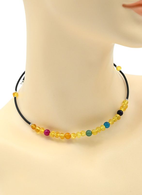 Choker with 5mm amber and tinted agate ball 6mm lemon color, assorted, 35cm.