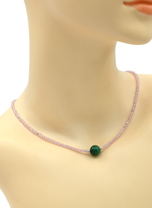 Choker for women made of cubic zirconia ball 3mm pink, malachite ball 10mm, 45cm