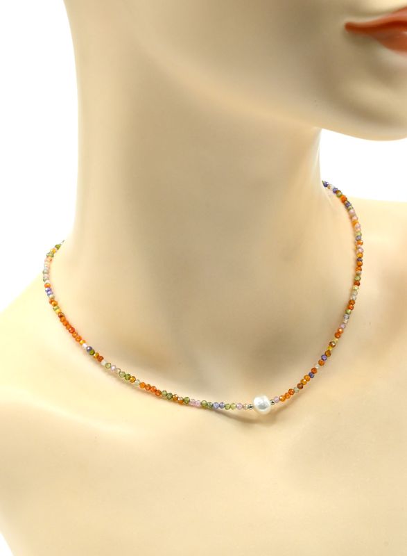 Choker and bracelet made of cubic zirconia with pearls ball 2mm color assorted, 39cm; 18cm