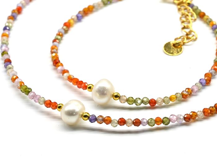 Choker and bracelet made of cubic zirconia with pearls ball 2mm color assorted, 38cm; 18cm