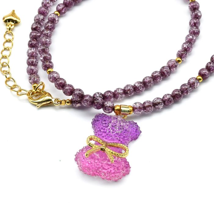 Teddy Bear pendant on a choker made of quartz sugar ball 4mm purple color, 39cm