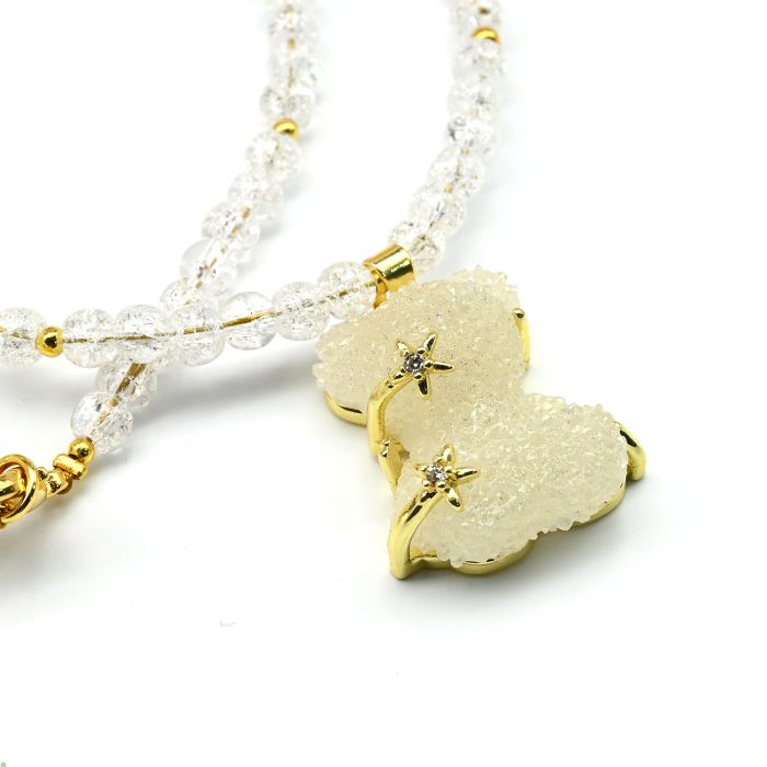 Teddy Bear pendant on a choker made of quartz sugar ball 4mm color white, 39cm