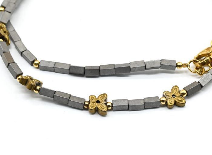 Hematite choker rectangle 2*4mm with butterflies silver color, 39cm