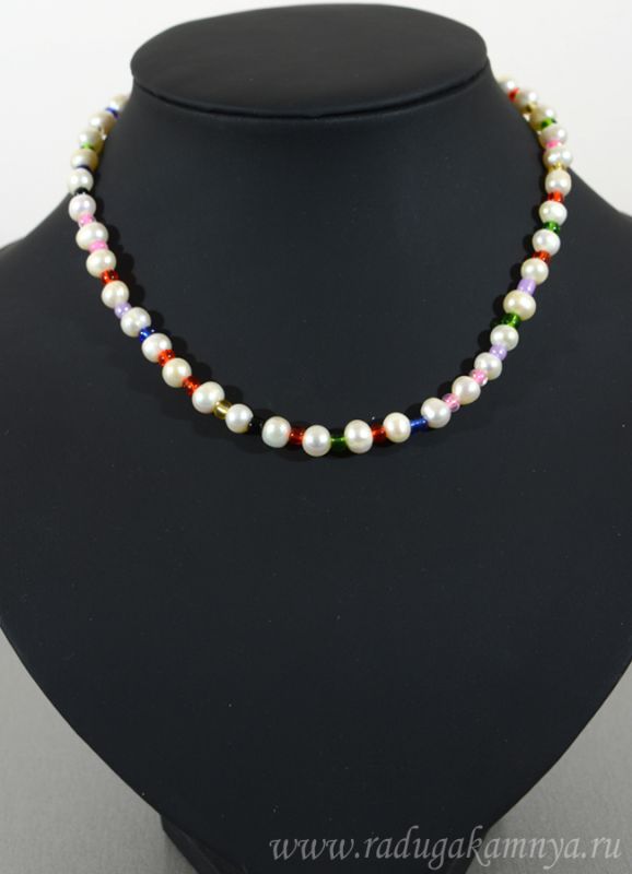 Pearl choker oval 7*5mm with beads, 38cm