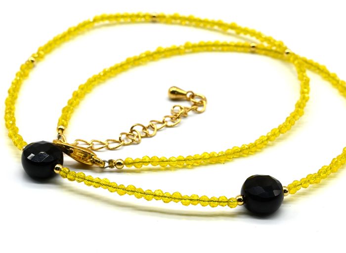 Zircon choker ball 2mm with agate pendants, yellow, 39cm