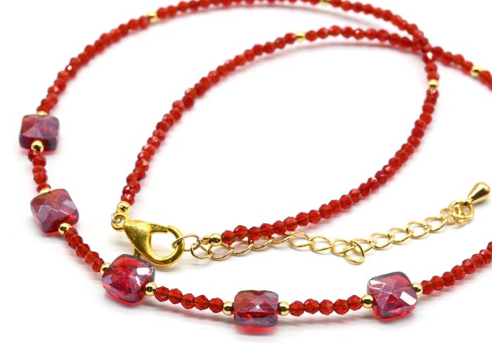 Spinel choker with pendants zircon square, red color, 39cm