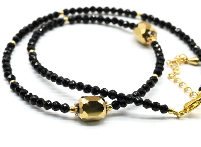 Choker made of black spinel ball 3mm with zircon 7*8mm color gold, 39cm