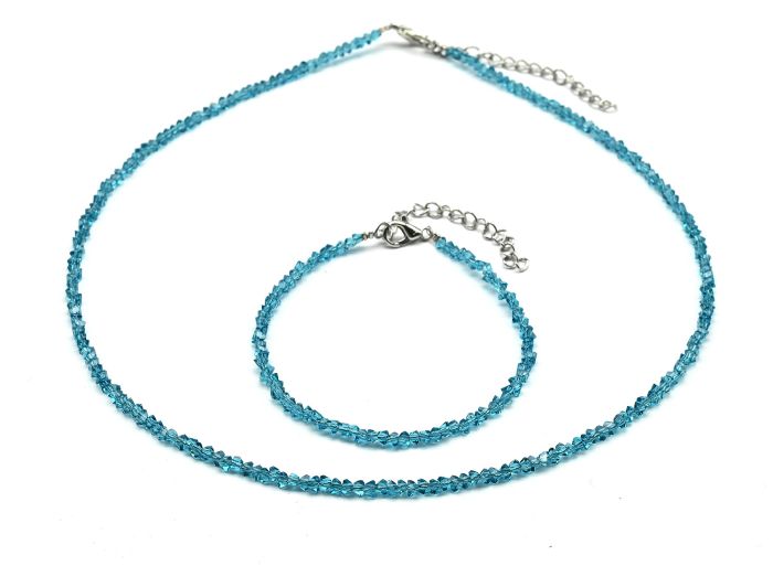 Choker on the neck and bracelet made of zircon cut 3mm turquoise color, 40cm, 17cm