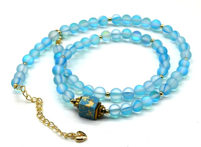 Choker with opal synthetic ball 6mm blue color, 44cm