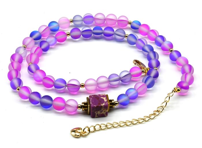 Choker with synthetic opal ball 6mm purple color, 43cm