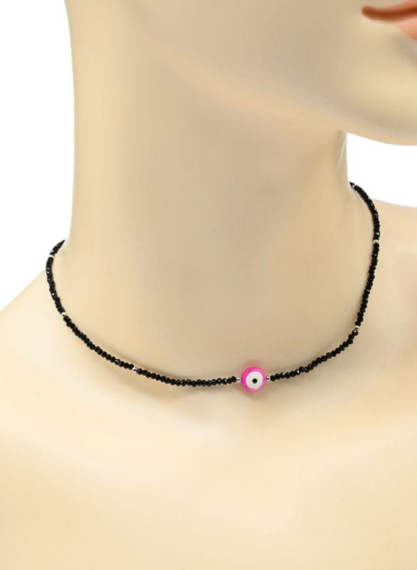 Eye from the evil eye on a spinel choker ball 2mm black, fuchsia, 37cm