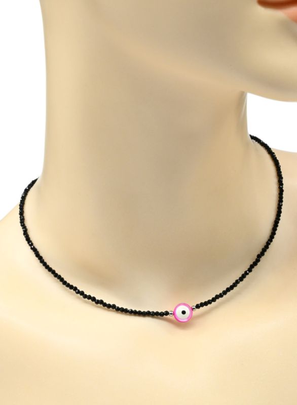 Eye from the evil eye on a choker made of spinel ball 2mm black, fuchsia, 40cm