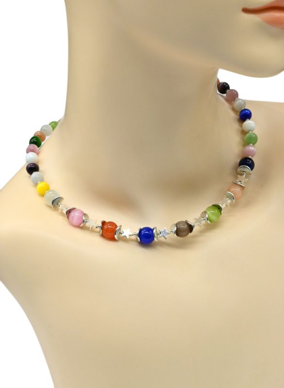 Necklace on a choker made of cat's eye beads 8mm, 10mm color assorted, 45cm