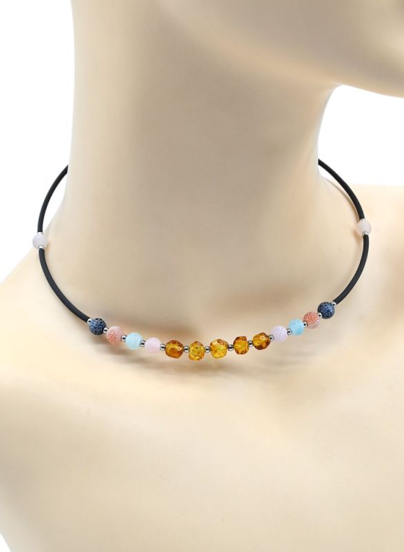 Choker with tinted agate party and amber color assorted, honey, 44cm