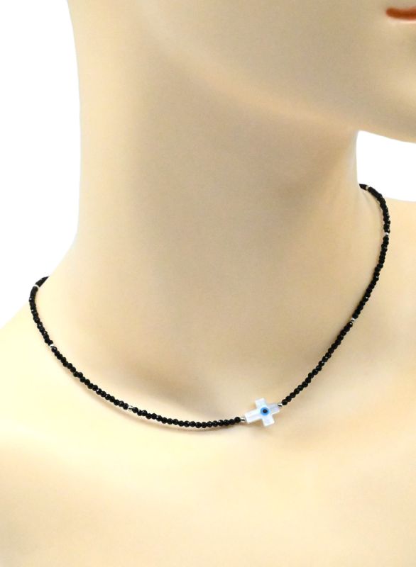 Pendant cross 11*9mm on a choker made of black spinel ball 2mm, 40cm