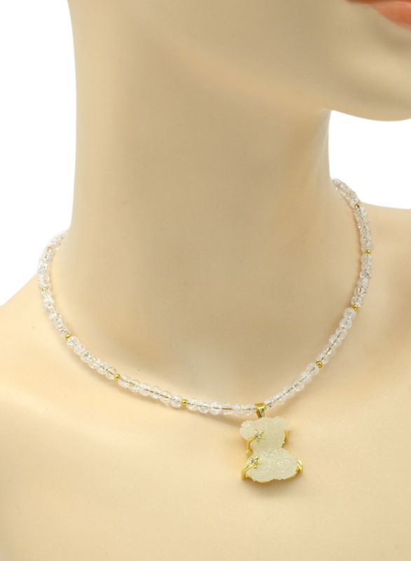 Teddy Bear pendant on a choker made of quartz sugar ball 4mm color white, 39cm