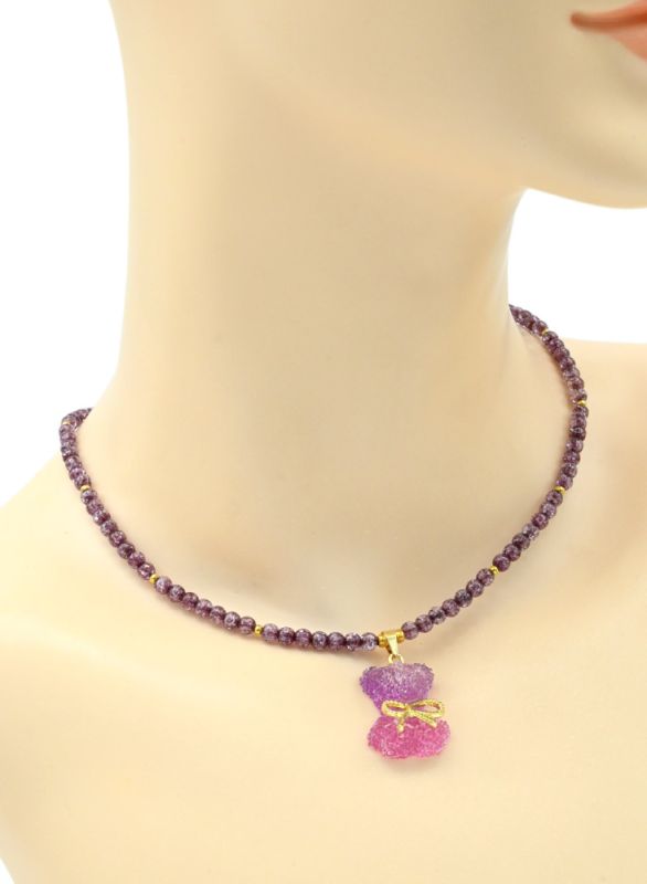 Teddy Bear pendant on a choker made of quartz sugar ball 4mm purple color, 39cm