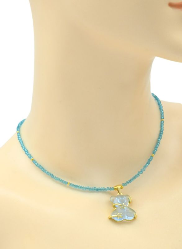 Teddy Bear pendant on a choker made of zircon 2mm blue color, 39cm