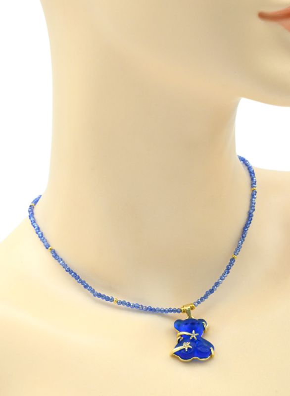 Teddy Bear pendant on a choker made of zircon 2mm blue, 39cm