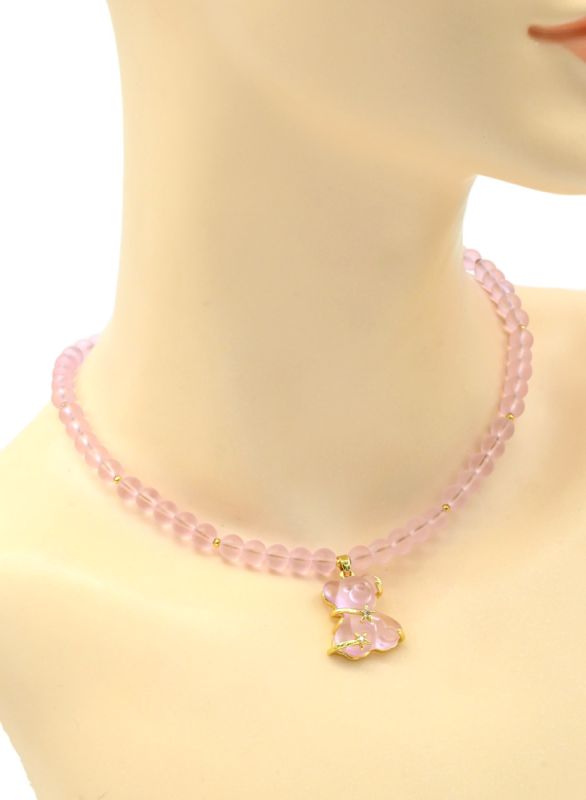 Pendant Teddy bear on a choker ball matte 6mm rose color, 39cm