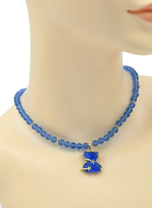 Pendant Teddy bear on a choker ball matte 6mm color blue, 39cm