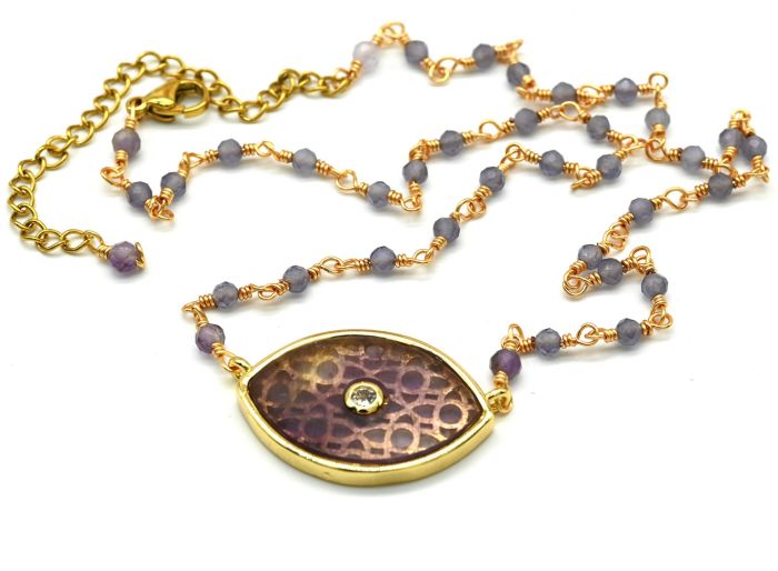 The Eye pendant is 27*18mm on an amethyst choker, 40cm