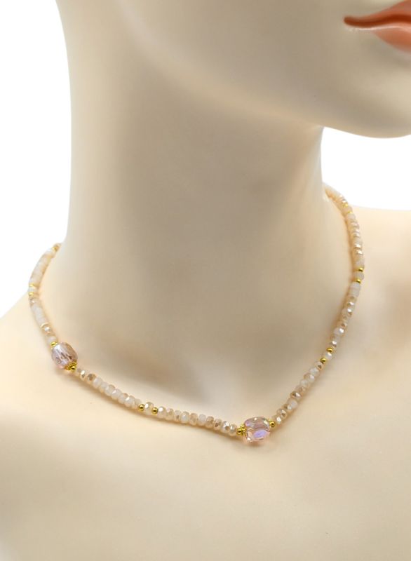 Choker with zircon rondel 4mm, barrel 7*8mm cream color, pink, 39cm