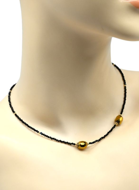 Choker made of black spinel ball 2mm with zircon 7*8mm color gold, 40cm