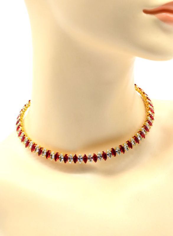 Hard choker necklace with zircons color red, 33cm