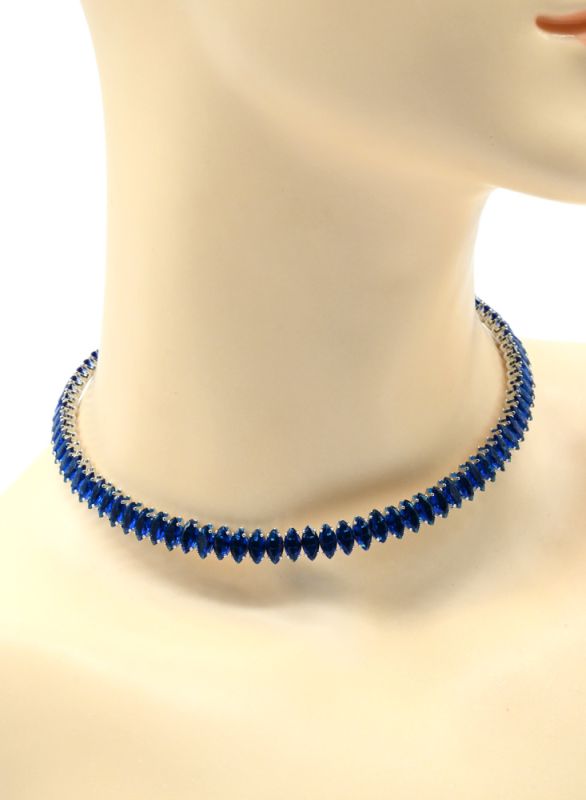 Hard choker necklace with zircons of blue flowers, 33cm