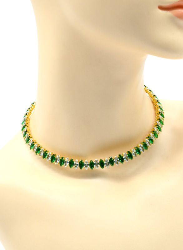 Hard choker necklace with zircons, green, 33cm