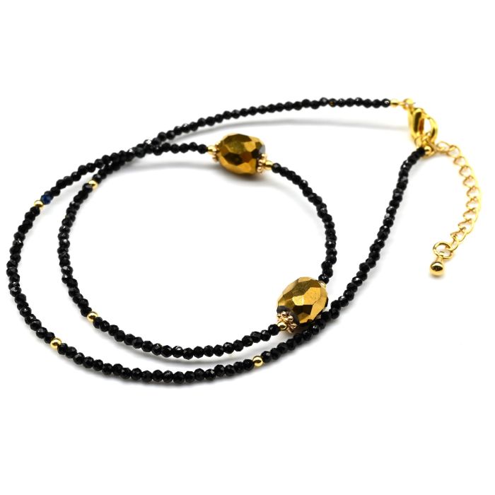 Choker made of black spinel ball 2mm with zircon 7*8mm color gold, 40cm