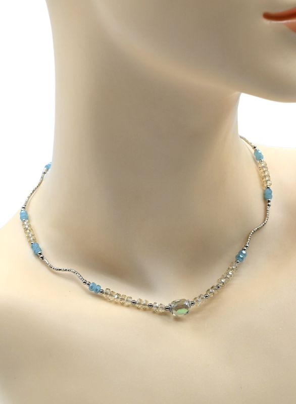 Choker with zircon rondel 4mm, barrel 7*8mm color blue, silver, 39cm